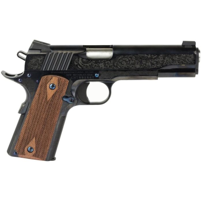 Df1911b1-1jpg - standard mfg 1911 handgun. 45 acp 7rd magazine 5" barrel black and royal blue engraving with brown grips - df1911b1 1