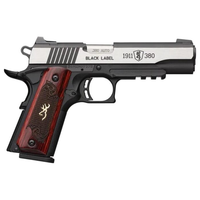 Xz051970492-1jpg - browning 1911 380 black label medallion pro handgun 380 acp 8rd magazine 3. 625" barrel black with silver slide and wood grip 3-dot sights accessory rail - xz051970492 1