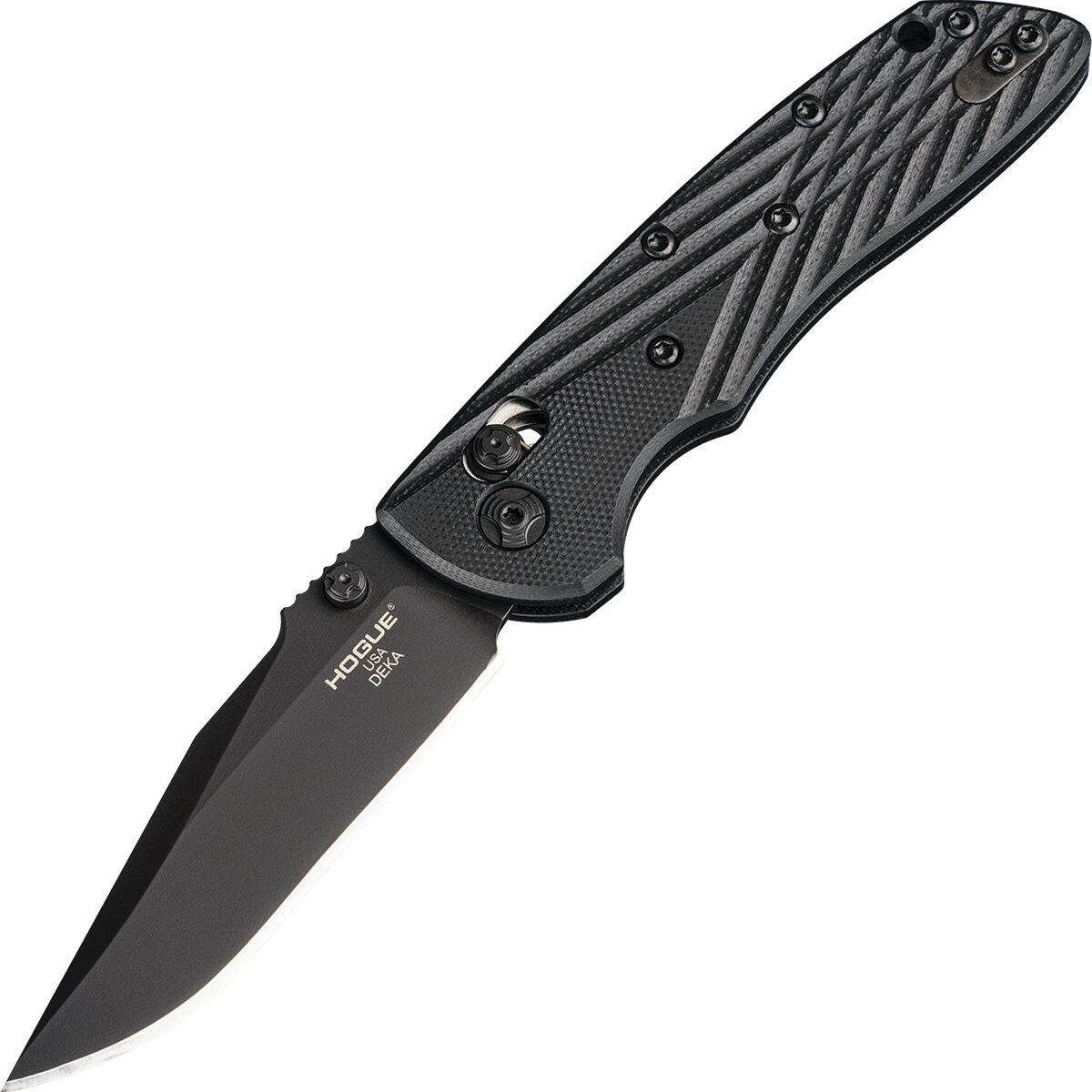 Jn24276. Jpg - hogue deka 3. 25" able lock folder clip point blade blk finish g-10 - solid blk - jn24276