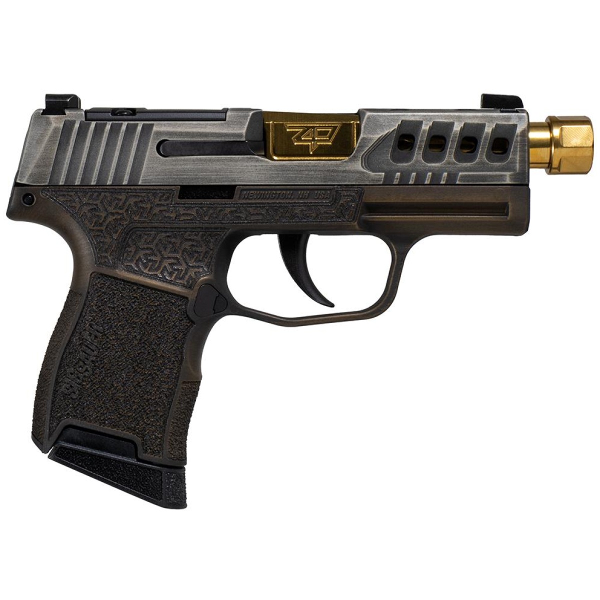 Xi681228gb365gb1. Jpg - sig sauer p365 "gold bug" handgun 9mm luger 10rd magazines(2) 3. 7" threaded gold barrel tactical cut distressed grey slide/brown grip octagon stippling - xi681228gb365gb1