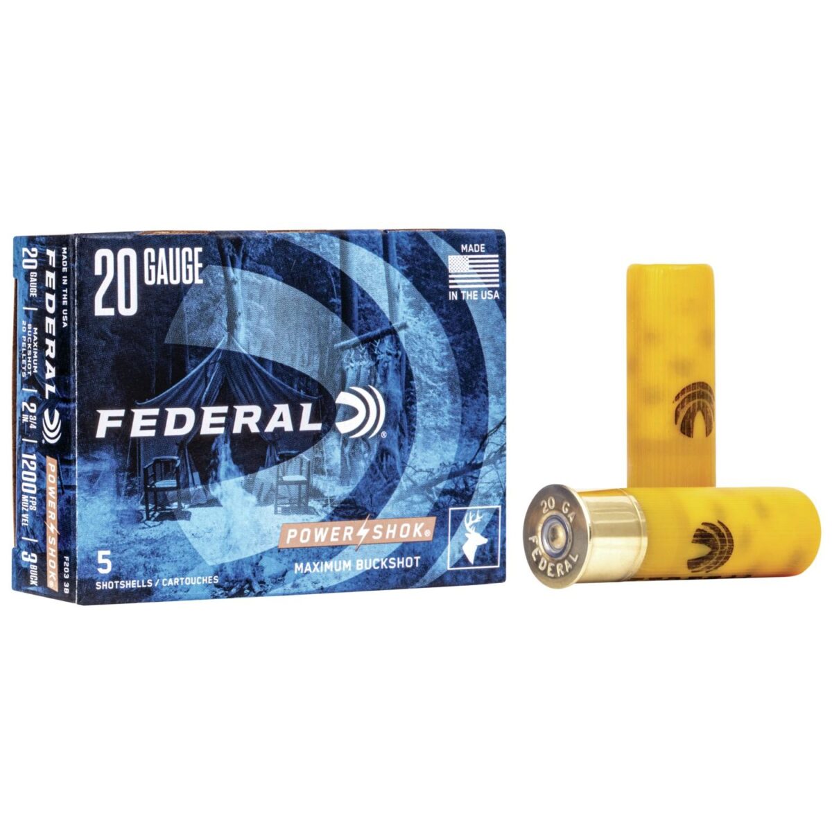 Faf2033b_1. Jpg - federal power-shok buckshot 20 ga 2 3/4" max 20 plts #3b 1200 fps - 5/box - faf2033b 1