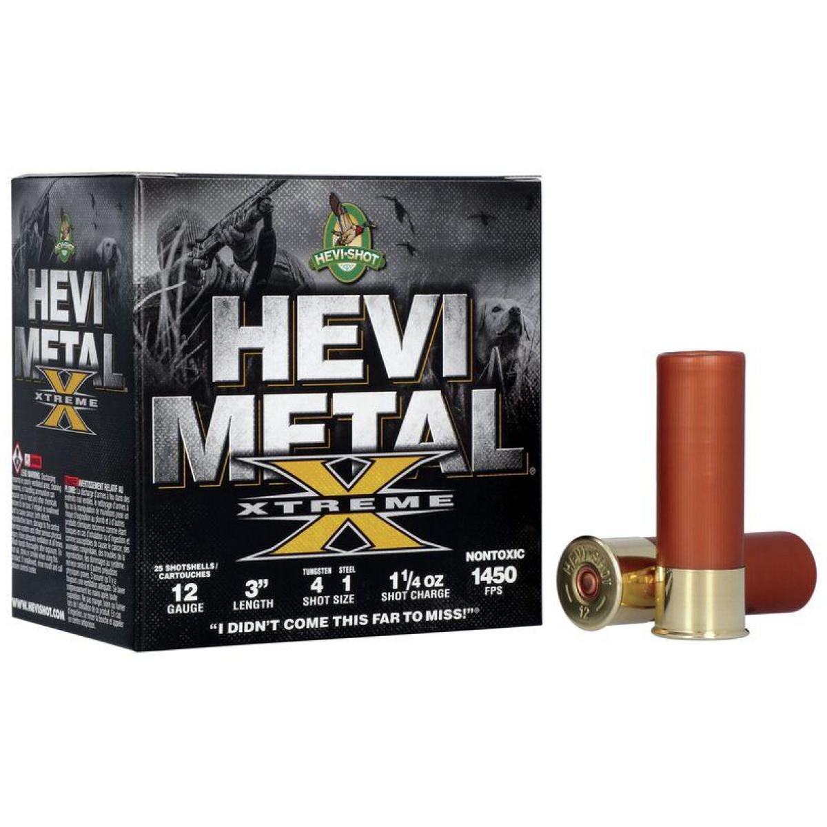 Hvhs38122. Jpg - hevi-shot hevi-metal xtreme shotshell 12ga 3" 1-1/4 oz 1450 fps #1 steel & #4 tungsten 25/ct - hvhs38122