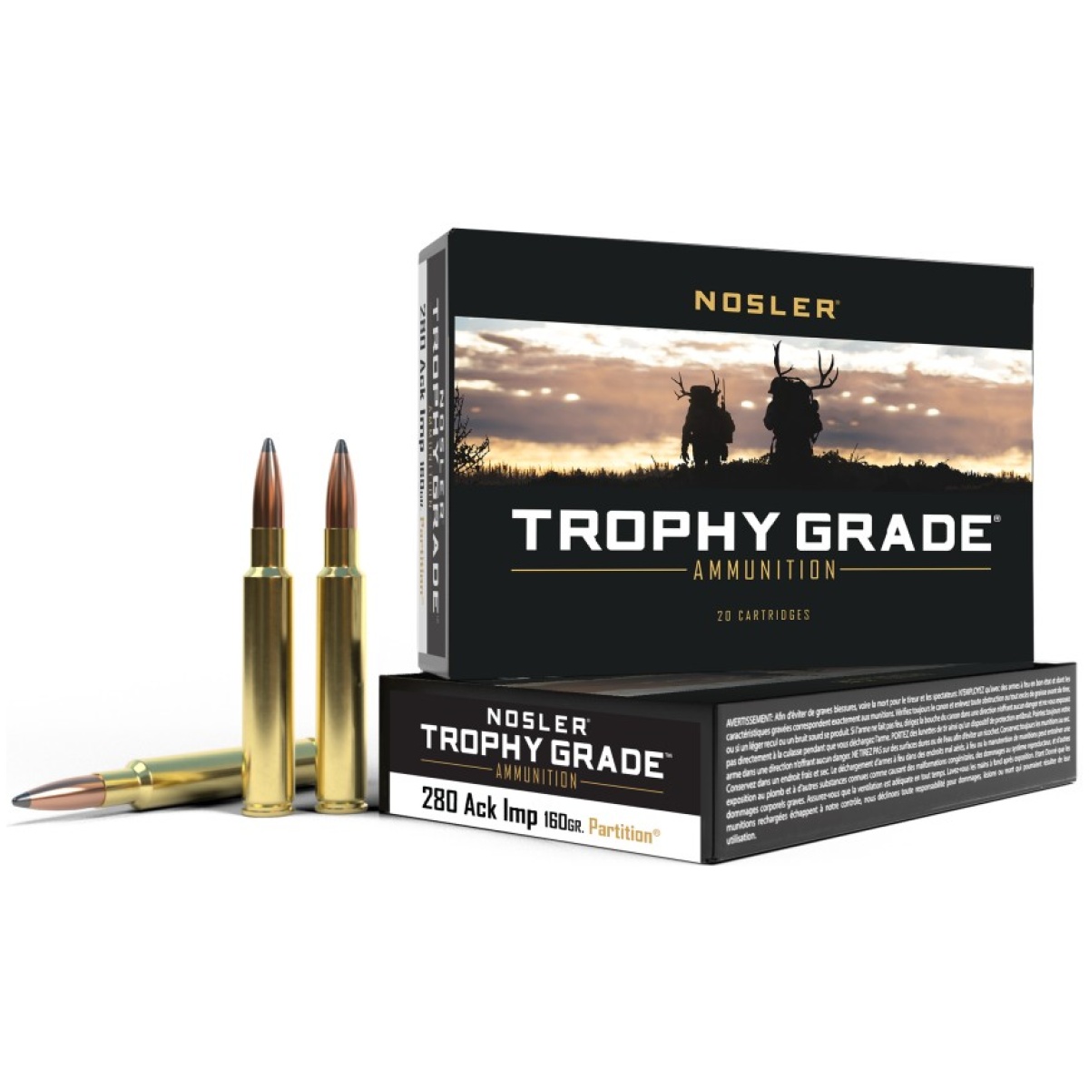 No60044-1. Jpg - nosler trophy grade rifle ammunition. 280 ackley improved nosler partition 160 gr 2950 fps - 20/box - no60044 1