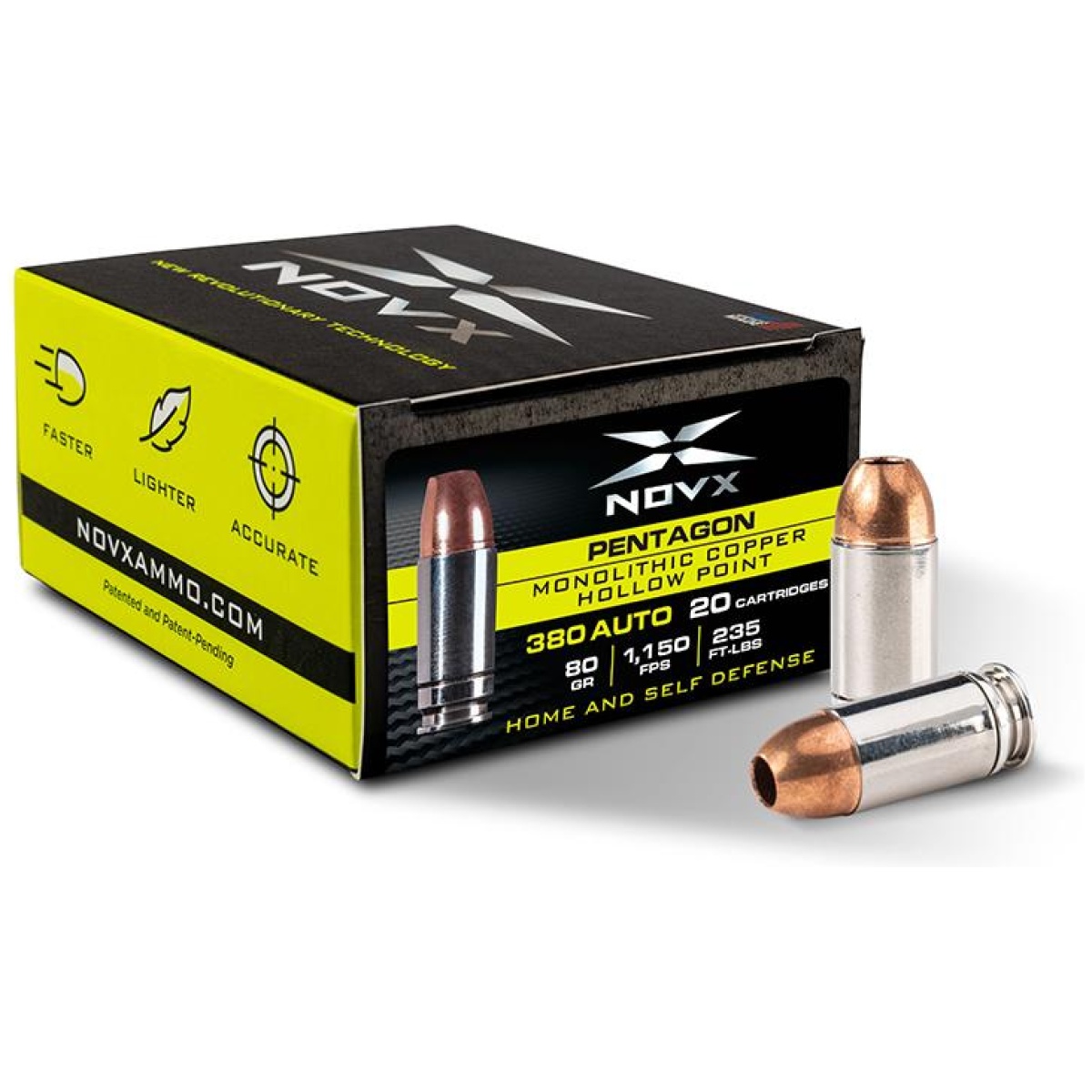 Nq380cp8020. Jpg - novx pentagon handgun ammunition 380 auto 80gr chp 1150 fps 20/ct - nq380cp8020