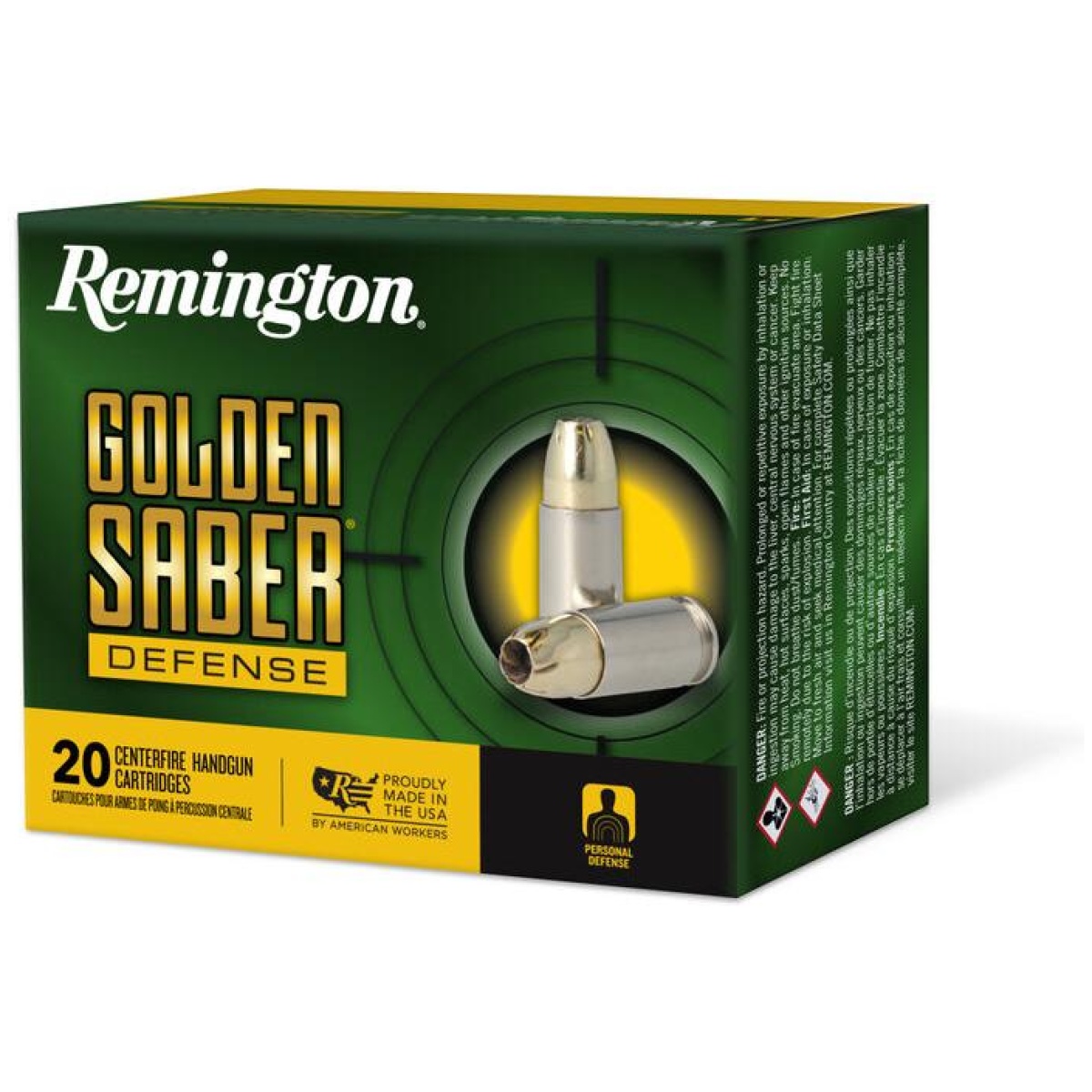 Rt27611. Jpg - remington golden saber defense ammunition. 45 auto(+p) 185gr bjhp 1140 fps 20/ct - rt27611