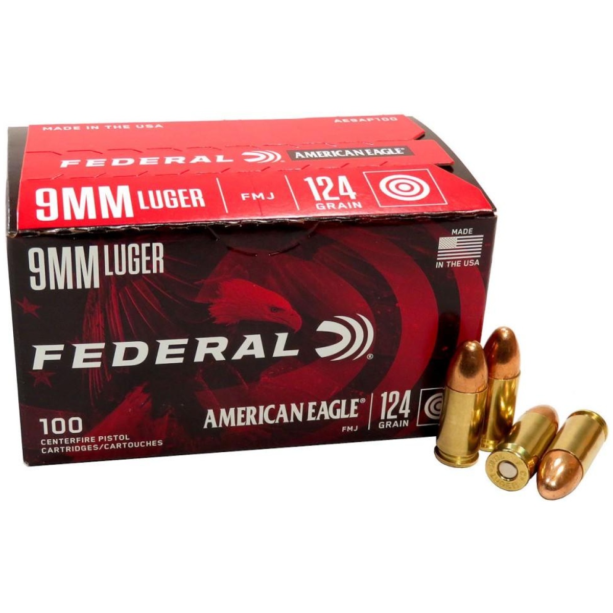 Faae9ap100-1. Jpg - federal american eagle handgun ammo 9mm luger 124 gr fmj 1150 fps 100/ct - faae9ap100 1