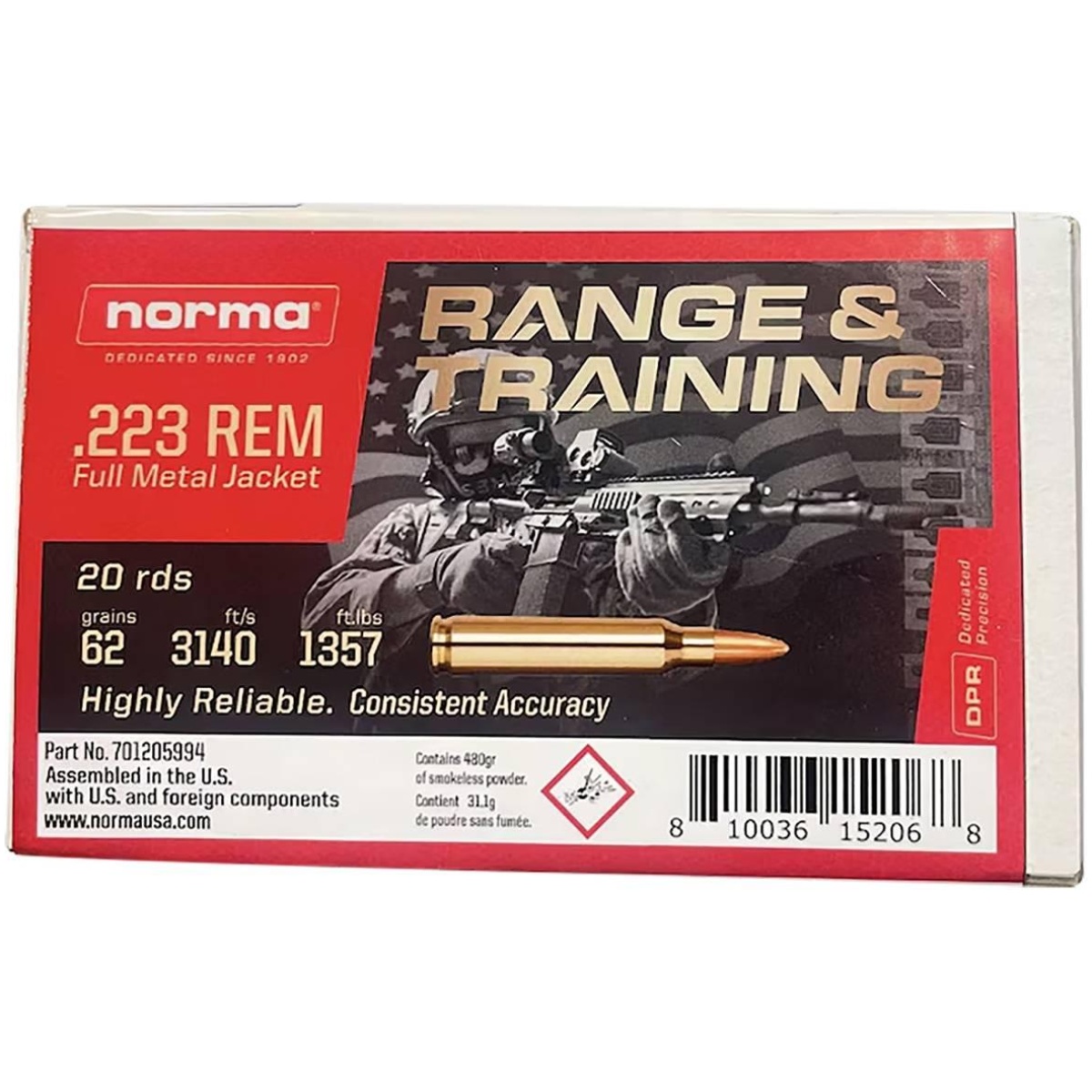 Nh701205994. Jpg - norma range & training rifle ammunition. 223 rem 62gr fmj 3140 fps 20/ct - nh701205994