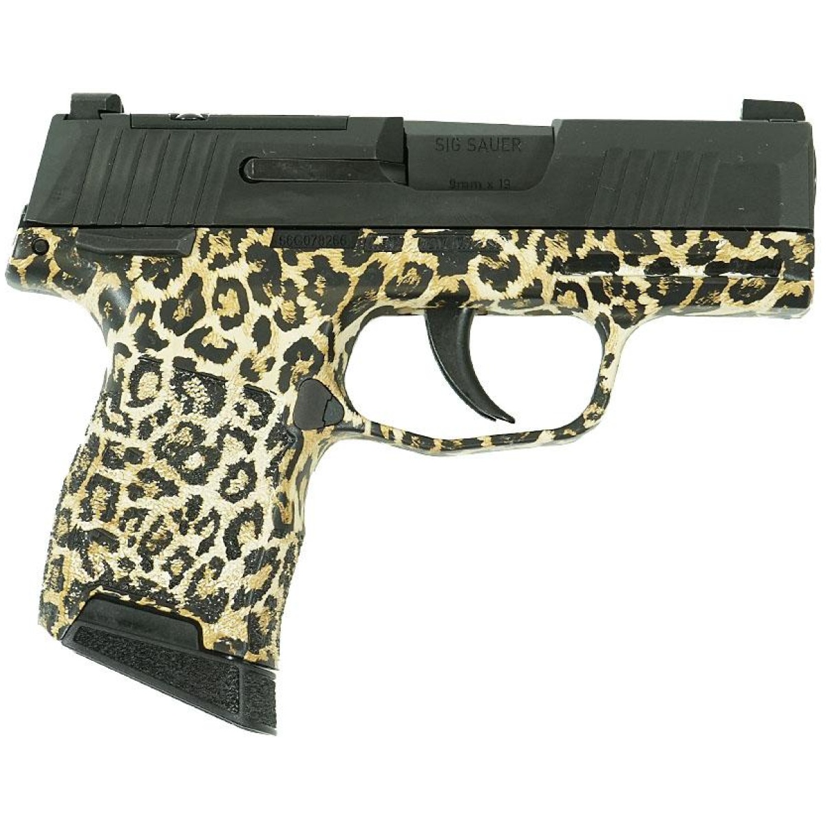 P365 9mm striker-fired pistol: optic ready, manual safety, leopard print - sig sauer "leopard print" p365 optic ready handgun 9mm luger 10rd magazines(2) 3. 1" barrel x-ray 3 sights manual safety - p365 9mm 3. 1in striker x ray 3 10rd optic ready man safe leopard pri. Psd 0002 right