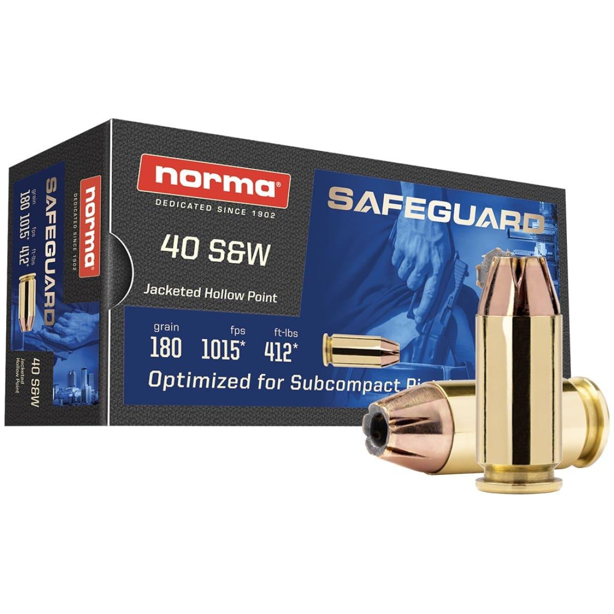 Nh801407727. Jpg - norma safeguard handgun ammunition. 40 s&w 180gr jhp 1015 fps 50/ct - nh801407727