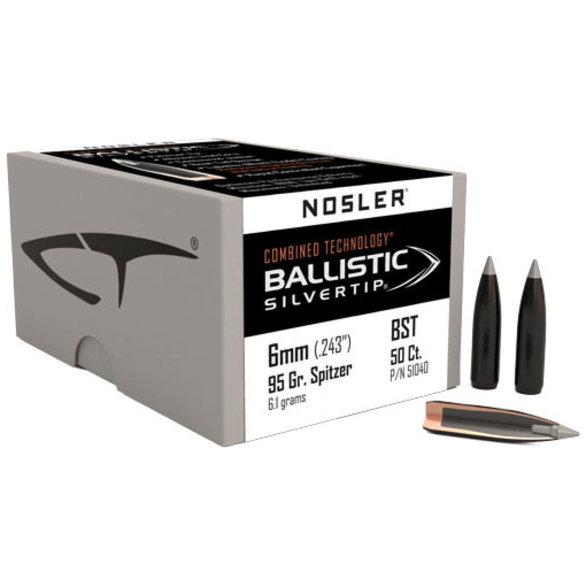 N51040_2. Jpg - nosler bullets 6mm. 243 - 95gr ballistic silver tip 50ct - n51040 2