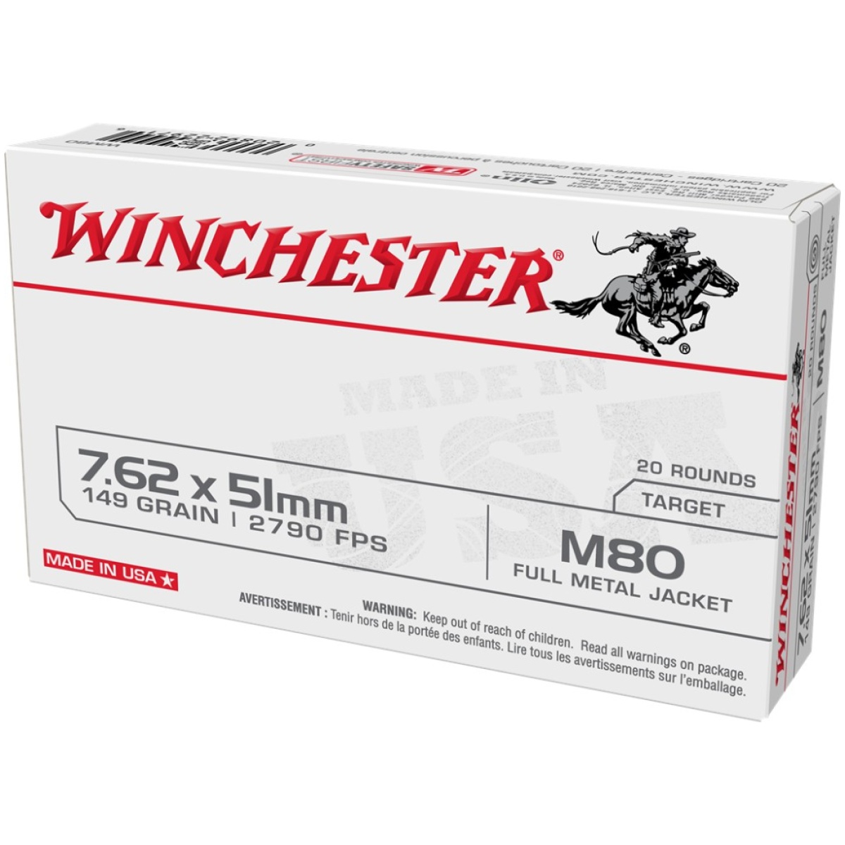 Wnwm80-1. Jpg - winchester usa lake city m80 rifle ammunition 7. 62x51mm 149 gr. Fmj 2790 fps 20/ct - wnwm80 1