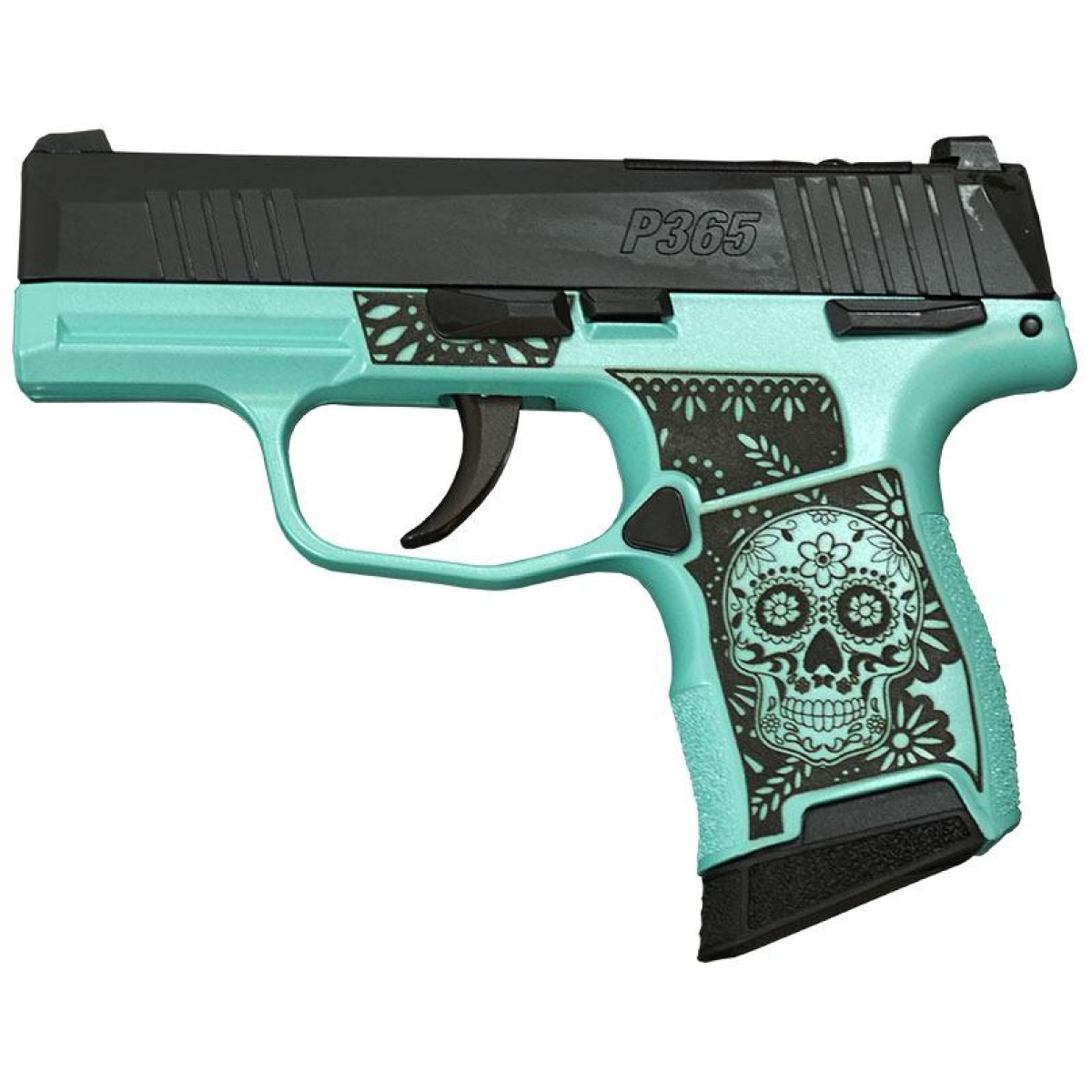 Custom-sig-sauer-p365-380-bss-ms-nitron-pistol-sugar-skull-tiffany-glitter-xi640164sktfg-cssi-exclusive_left1-1. Jpg - sig sauer p365-380-bss-ms exclusive "sugar skull" tiffany glitter handgun. 380 10rd magazines (2) 3. 1" barrel - custom sig sauer p365 380 bss ms nitron pistol sugar skull tiffany glitter xi640164sktfg cssi exclusive left1 1