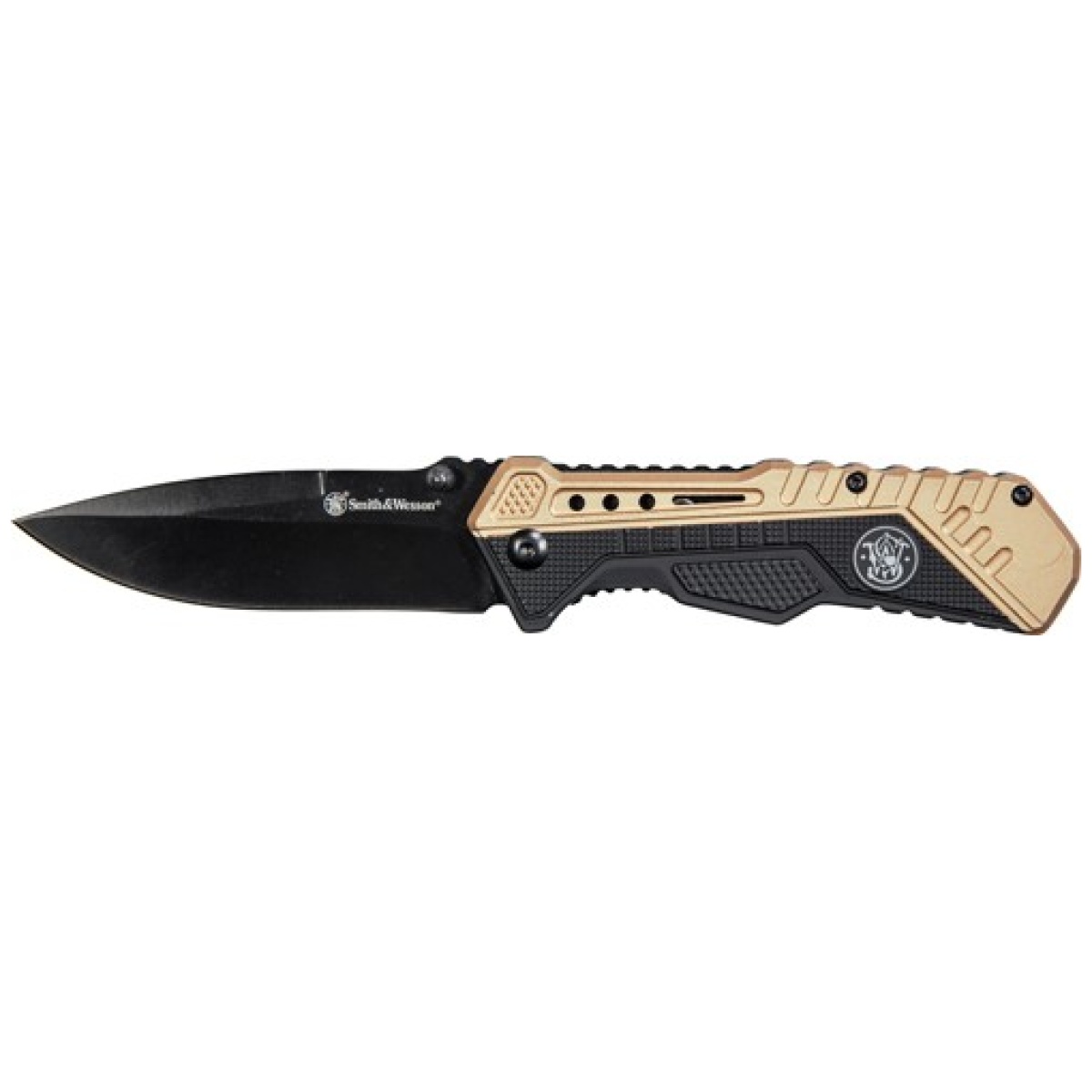 1084303. Jpg - s&w knife black/fde spring ast - 3. 5" black blade rub/alum - 1084303