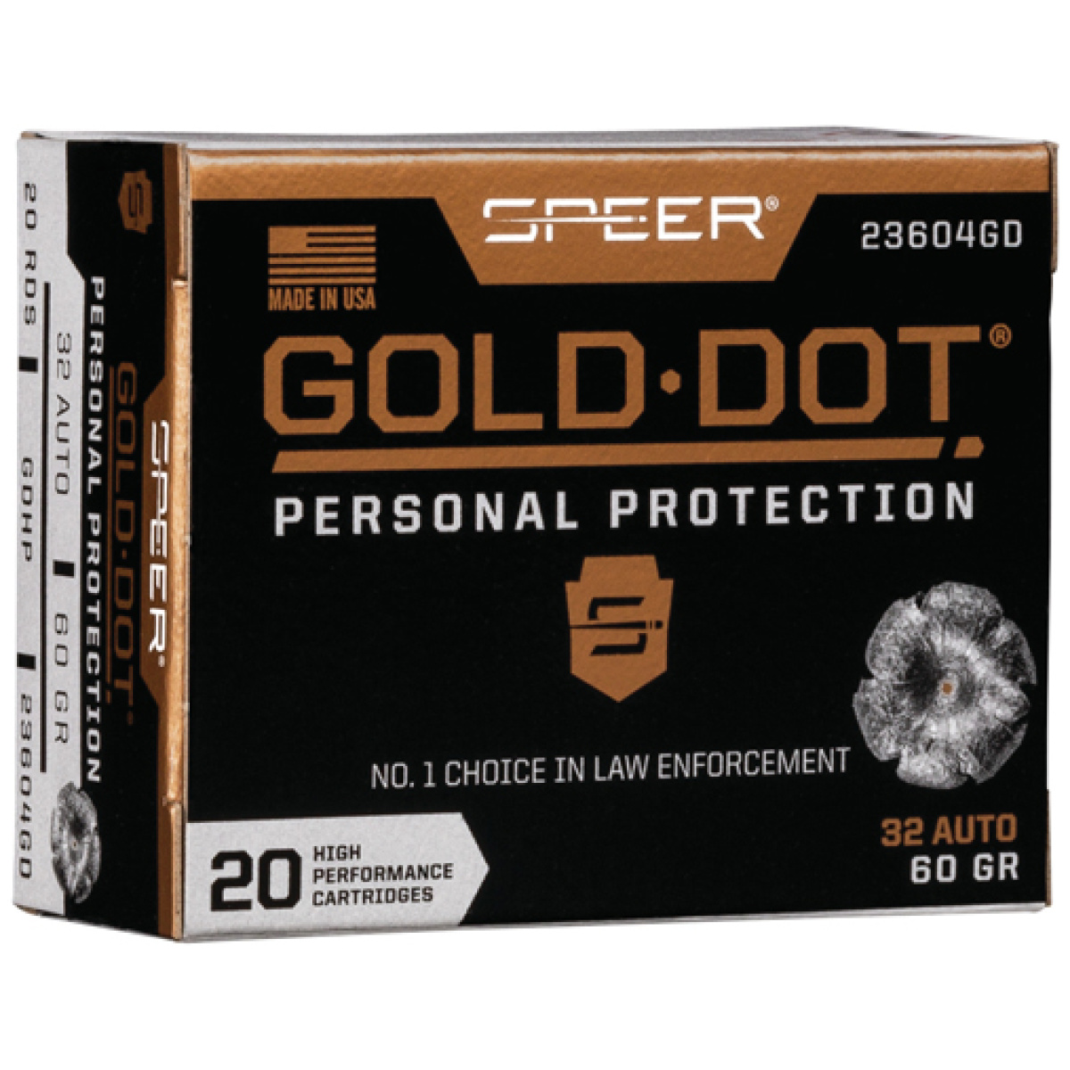 A23604gd. Jpg - speer gold dot 32 acp 60gr - gdhp 20rd 10bx/cs - a23604gd