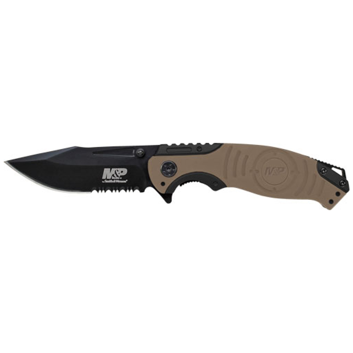 Swmp13glscp. Jpg - s&w knife m&p index flipper - 3. 5" black/desert tan clip pt - swmp13glscp