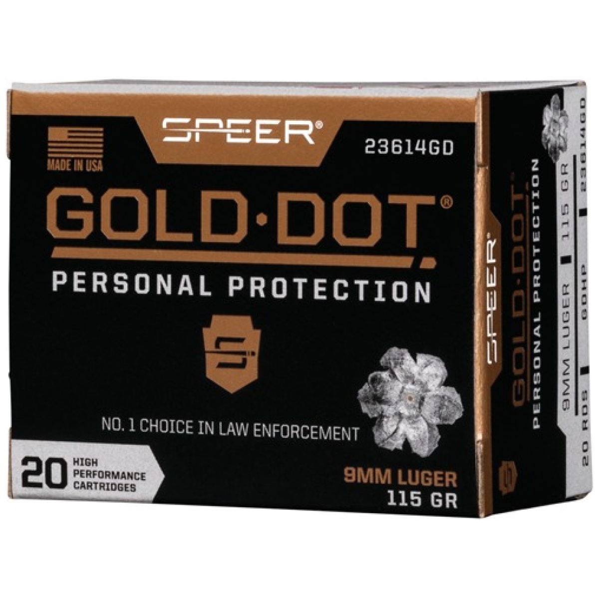 A23614gd. Jpg - speer gold dot 9mm luger - 115gr gdhp 20rd 10bx/cs - a23614gd