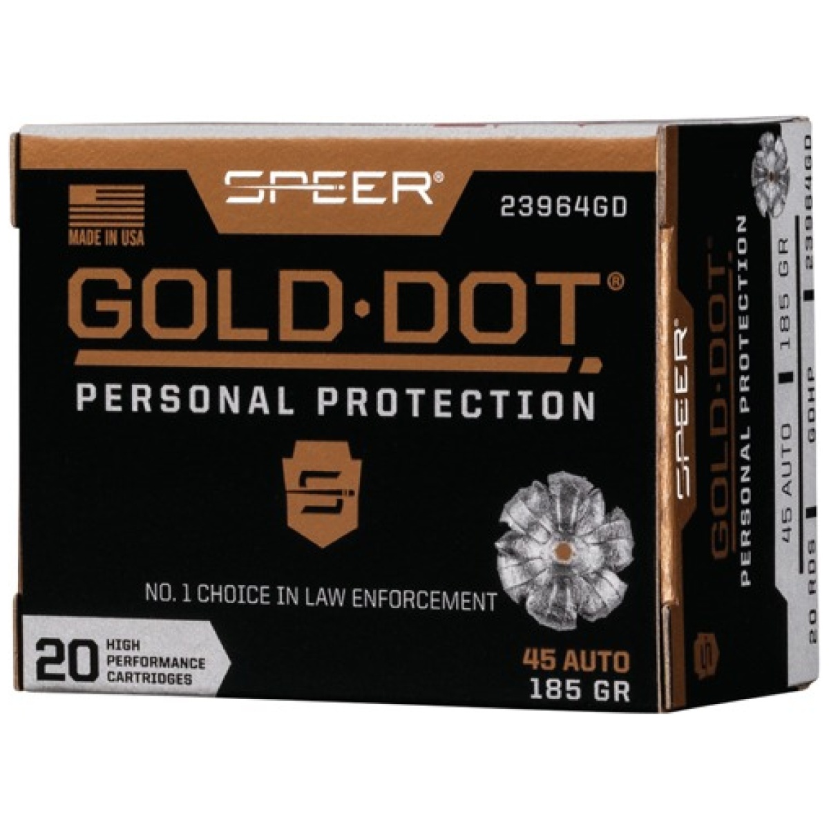 A23964gd. Jpg - speer gold dot 45 acp - 185gr gdhp 20rd 10bx/cs - a23964gd