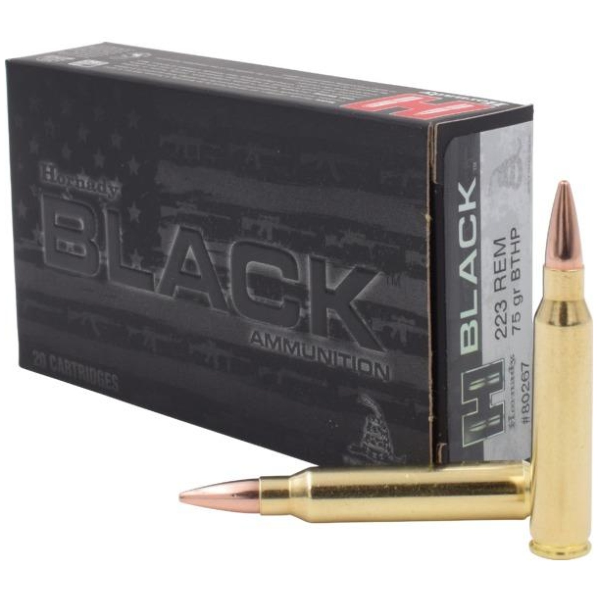 Ho80267. Jpg - hornady black rifle ammunition. 223 rem 75 gr bthp-m 2790 fps 20/ct - ho80267