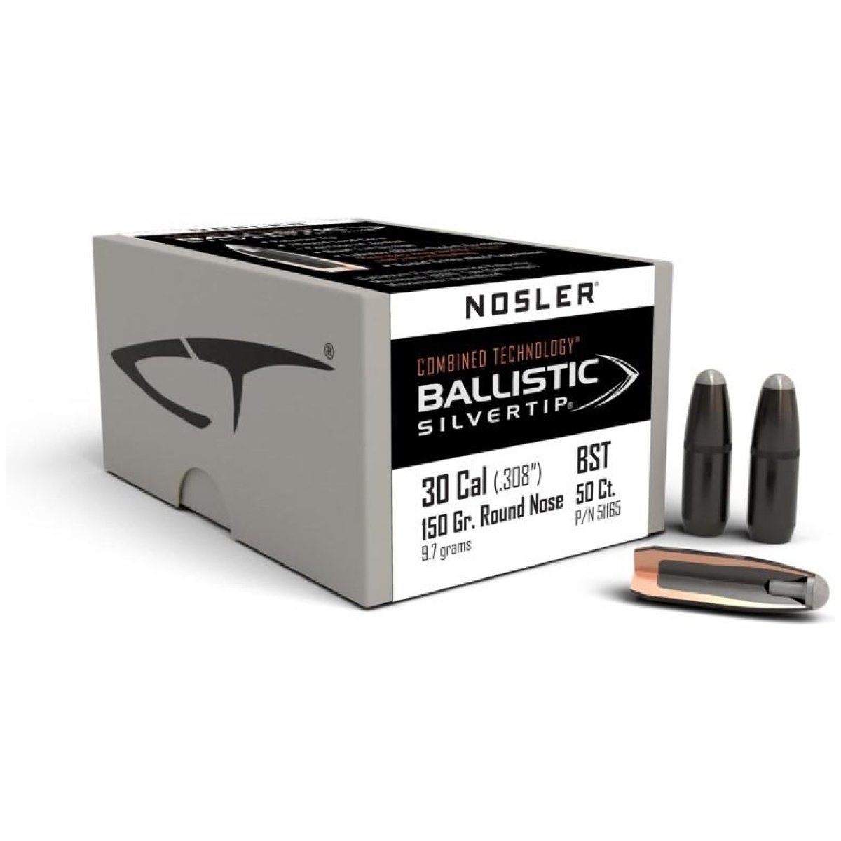 No51165-1. Jpg - nosler ballistic silvertip hunting bullets. 30 cal. 308" 150 gr rn-sbt-bstip 50/ct - no51165 1