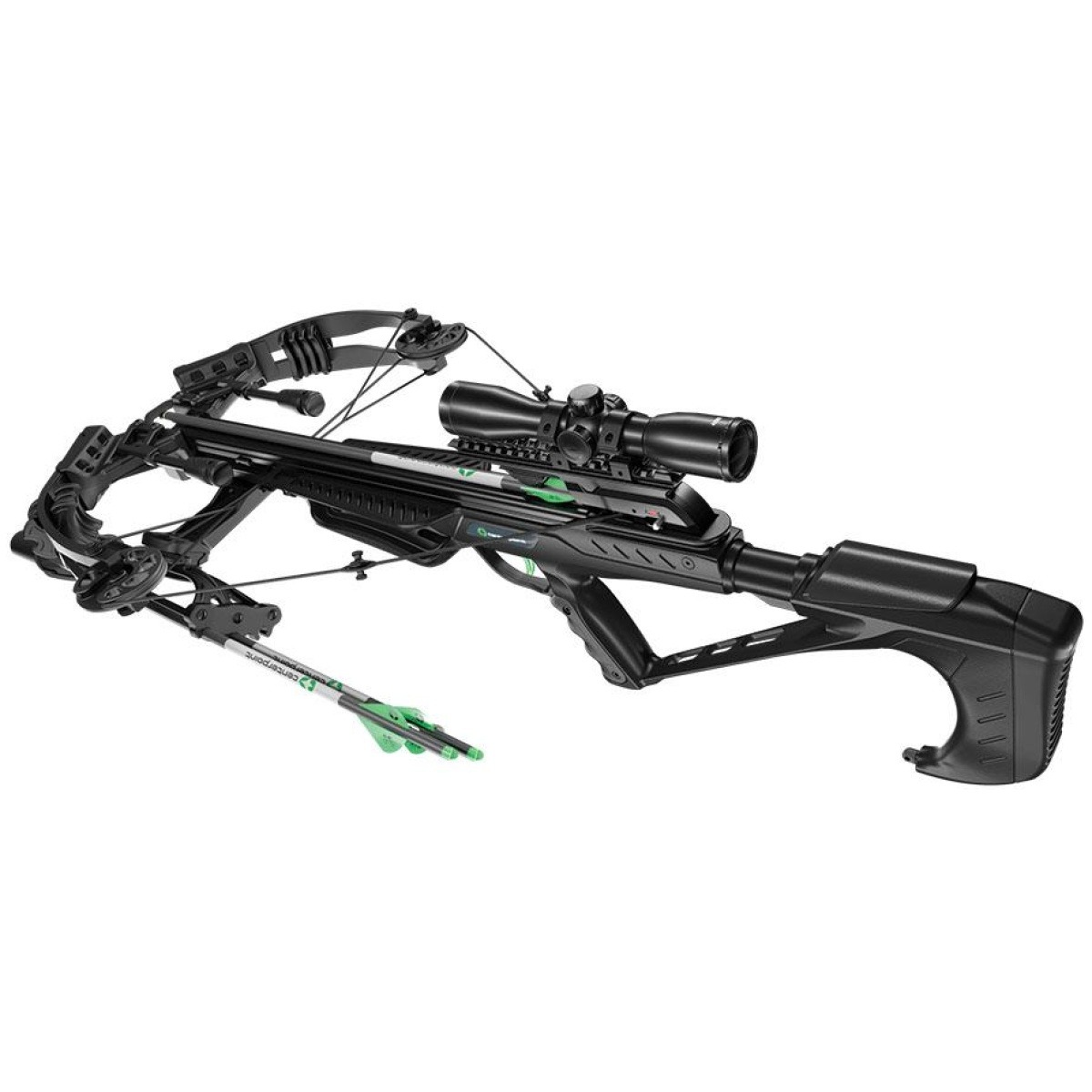 Achieve precision with the dagger 405's illuminated scope - centerpoint dagger 405 crossbow 4x32 illum scope / whisper silencing & accessories package - centerpoint dagger 405 crossbow 4x32 illum scope whisper silencing rear left