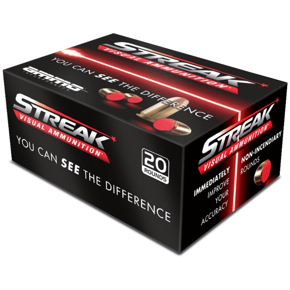 Dh38125tmcstrkred_1. Jpg - ammo inc streak handgun ammunition red. 380 auto 90 gr jhp 980 fps 20/ct - dh38125tmcstrkred 1