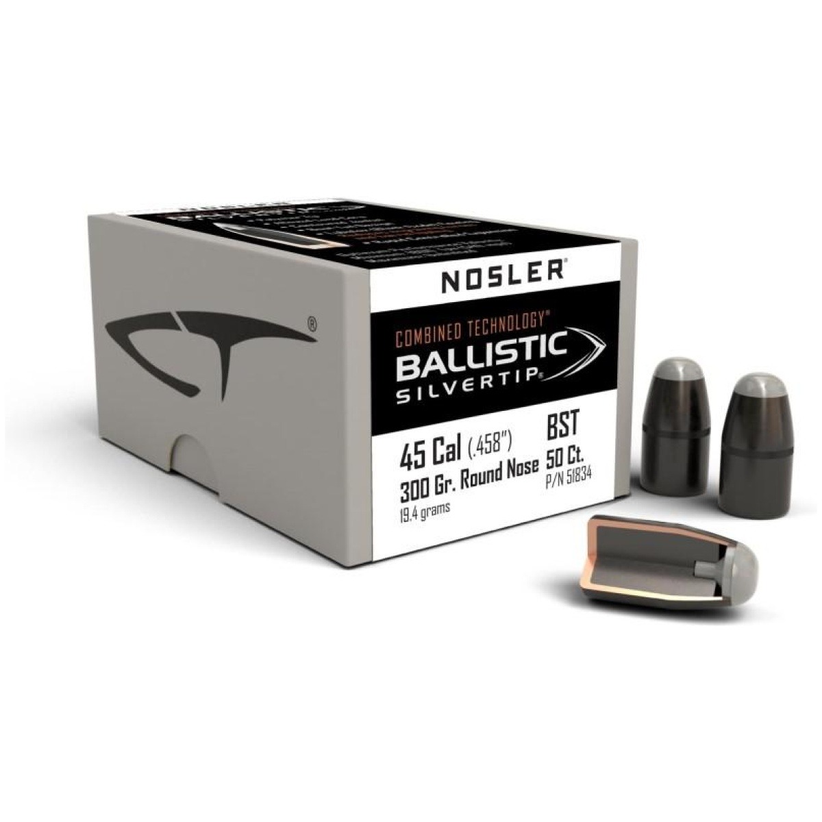 No51834-1. Jpg - nosler ballistic silvertip hunting bullets. 45/70 gov. 458" 300 gr rn-sbt-bstip 50/ct - no51834 1