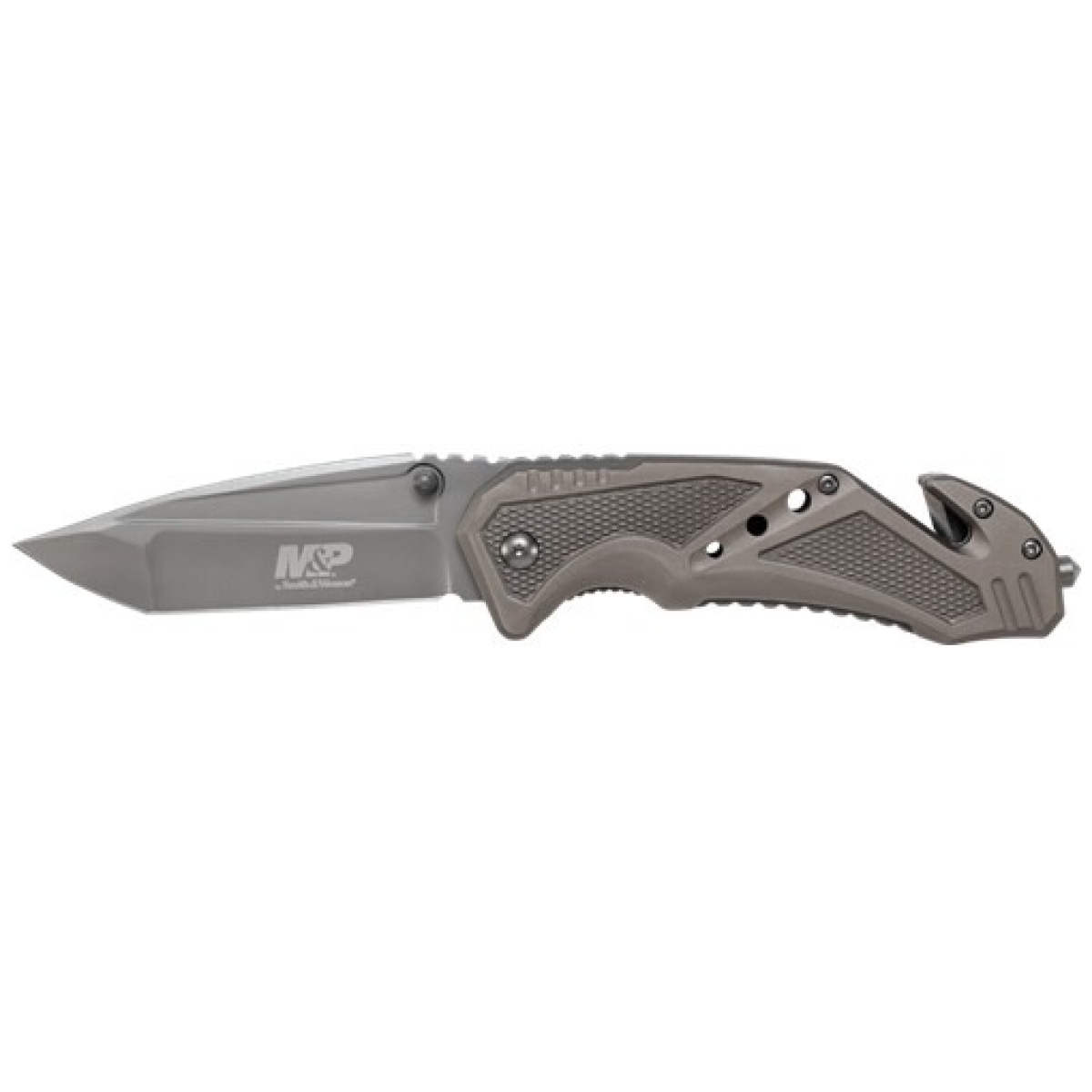 Swmp11g. Jpg - m&p clip folder, liner lock, grey blade and grey handle, strap cutter, ceramic glass breaker - swmp11g