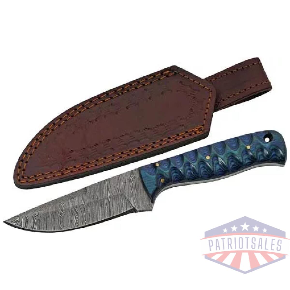 Dm1290. Webp - szco rite edge 4" blue twisted - wood hunter damascus w/shth - dm1290