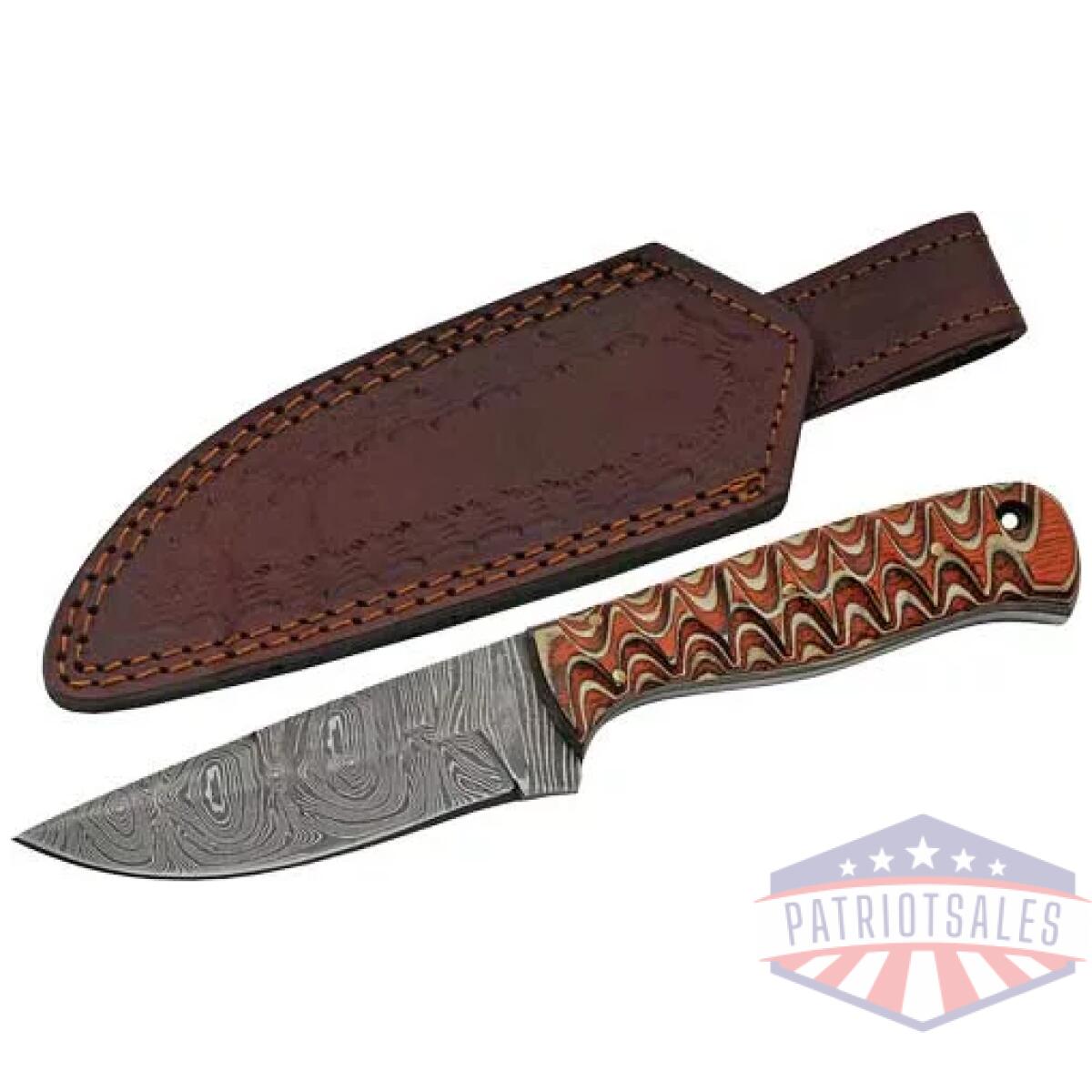 Dm1292. Webp - szco rite edge 4" red twisted - wood hunter damascus w/sheath - dm1292