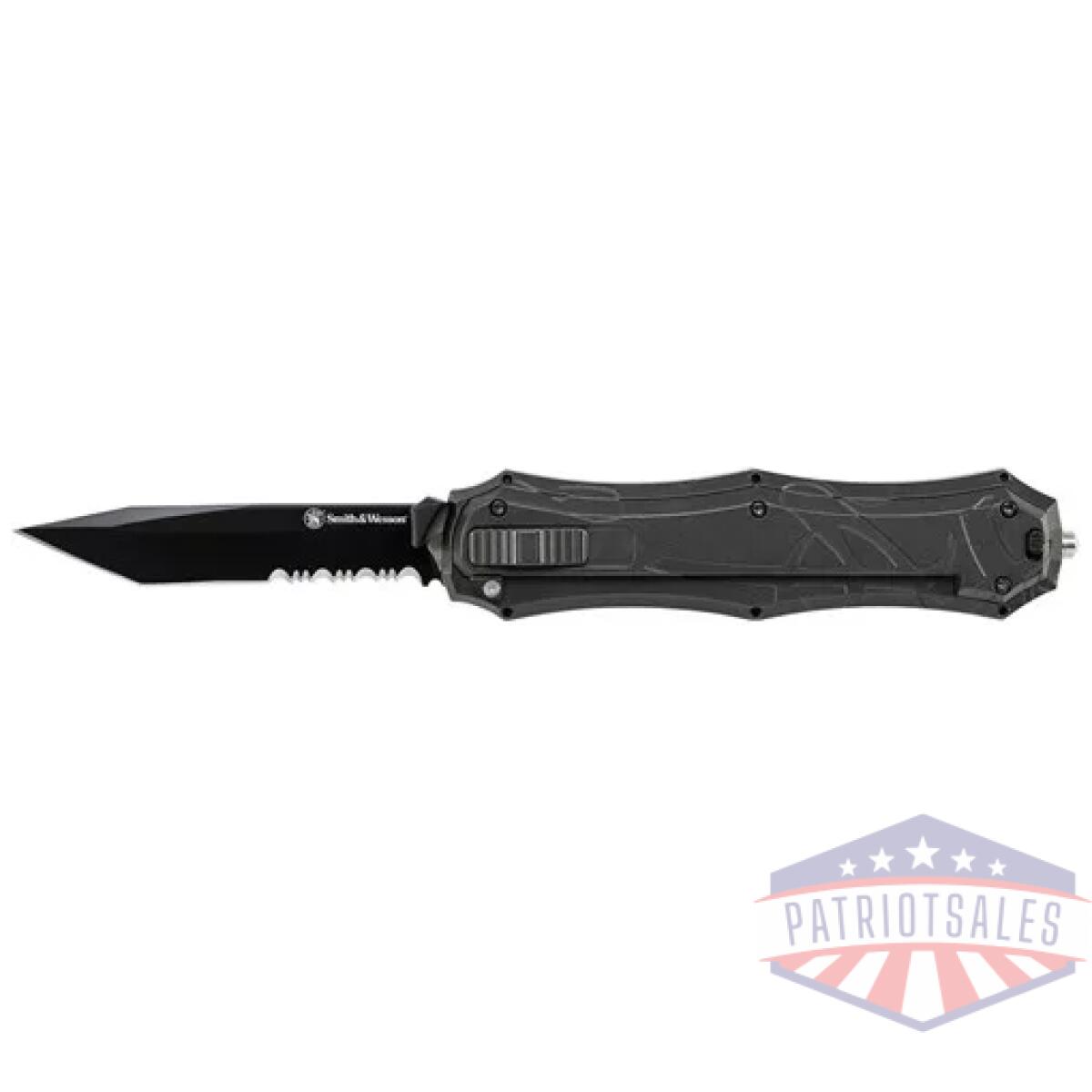 Swotf9tbs. Webp - otf assist, finger actuator, black 40% serrated tanto blade aus-8 steel. No ship ca, ny, ma - swotf9tbs