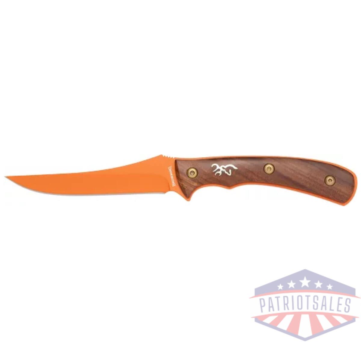 3220532. Webp - browning knife union bluff fxd - 4. 25" orange/wood w/lthr shth - 3220532