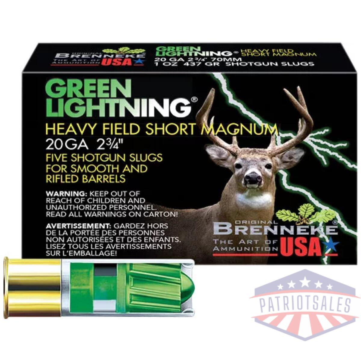 A2007025_1. Webp - brenneke usa green lightning - 20ga 2. 75" 1oz slug 5rd 50bx/c - a2007025 1