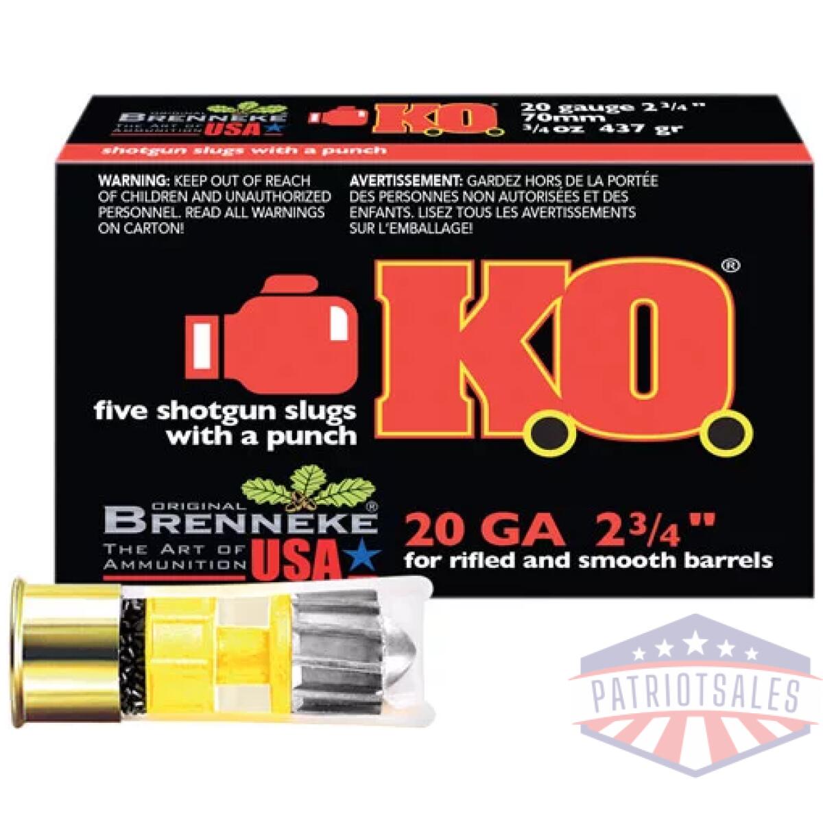 A2009827_1. Webp - brenneke usa ko 20ga 2. 75" - 3/4oz slug 5rd 50bx/cs - a2009827 1