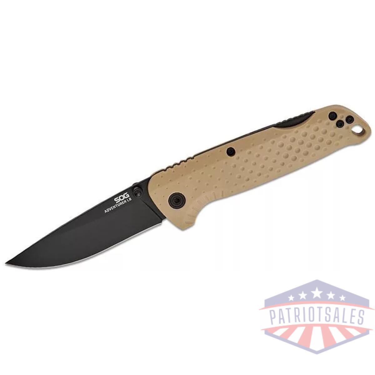 Sog-13-11-05-43. Webp - sog adventurer lb lockback folding knife 3"" black pvd drop point blade, fde flat dark earth grn handles - sog 13 11 05 43