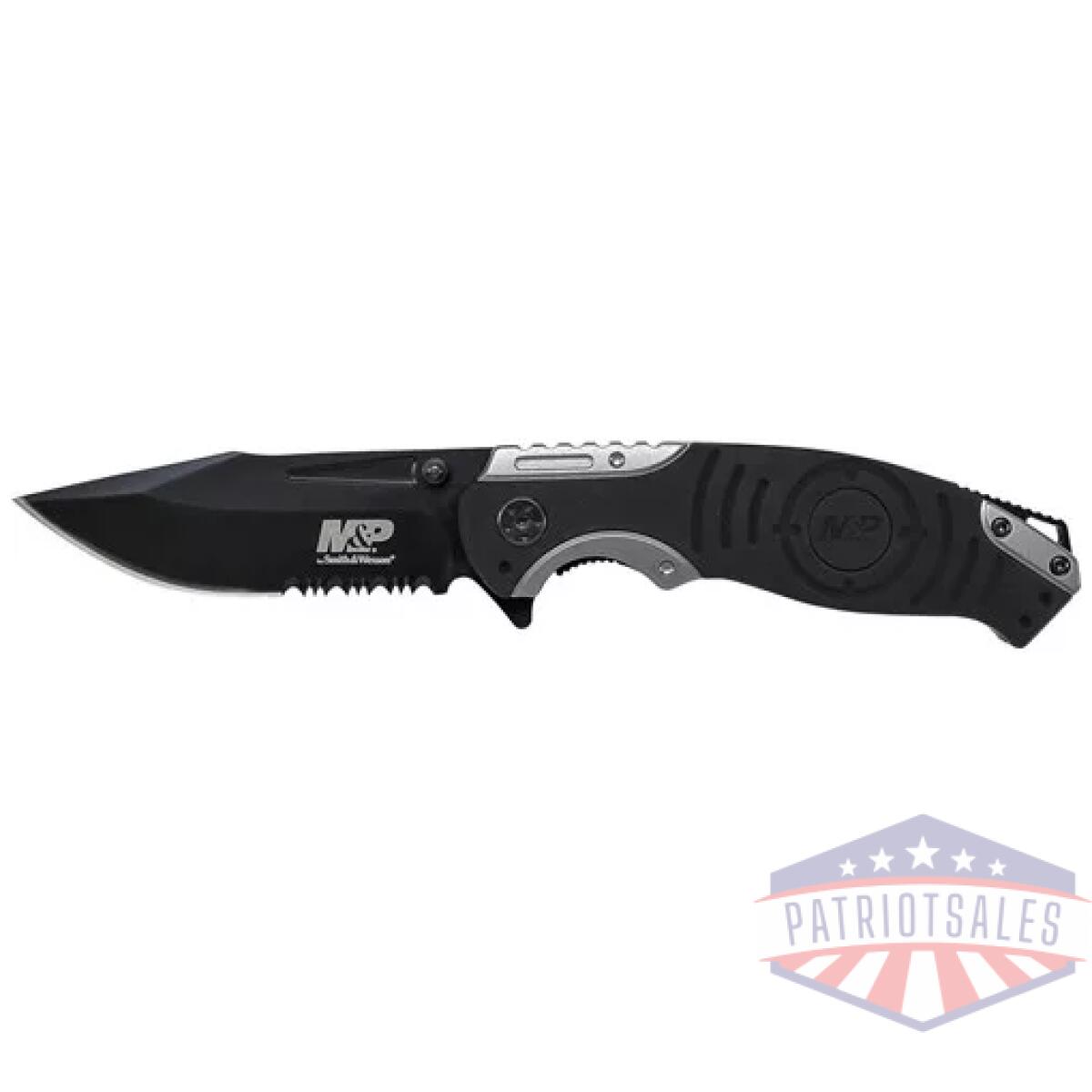 Swmp13gs-1. Webp - liner lock, 8cr13mov drop point blade, thumb knobs, index flipper, black/grey handle - swmp13gs 1