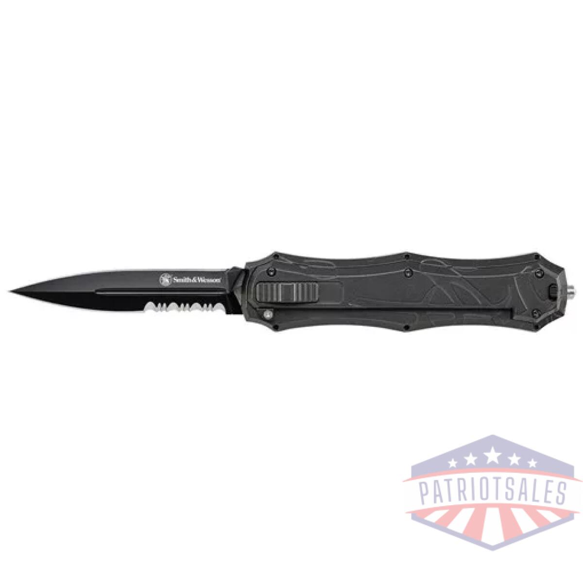 Swotf9bs. Webp - otf assist, finger actuator, black 40% serrated spear point blade aus-8. No ship ca, ny, ma - swotf9bs